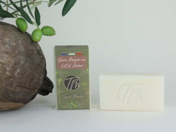 présentation du savon au lait d'avoine sur fond beigne avec coco et branche d'olivier