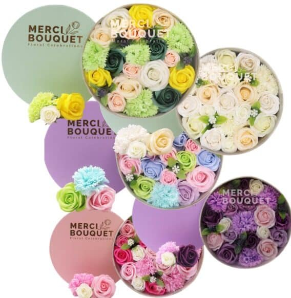 boîtes cadeaux rondes de fleurs de savon