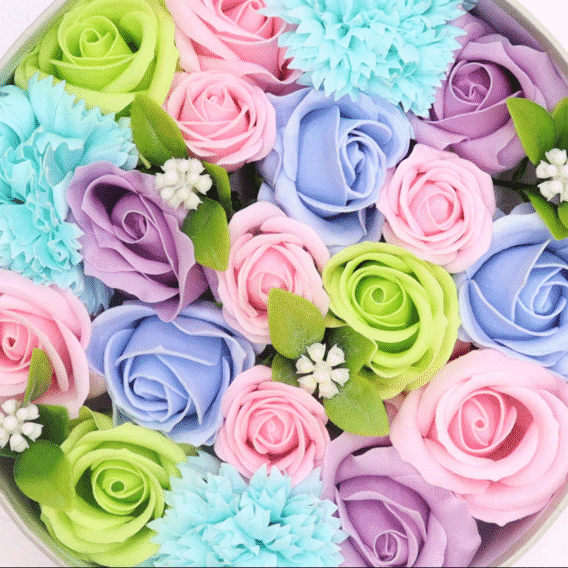zoom coffret boite ronde fleurs de savon multicolore