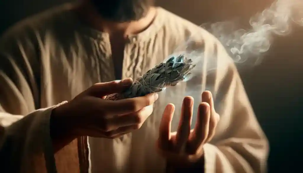 The image shows a person holding a bundle of sage that is burning and producing smoke. The person is wearing a beige or light brown robe. The scene is warmly lit, emphasizing the smoke and the sage bundle. This practice, often known as smudging, is used in various cultures and spiritual traditions for cleansing, purification, or ritual purposes. The smoke from the sage is believed to help clear negative energy and create a positive atmosphere.