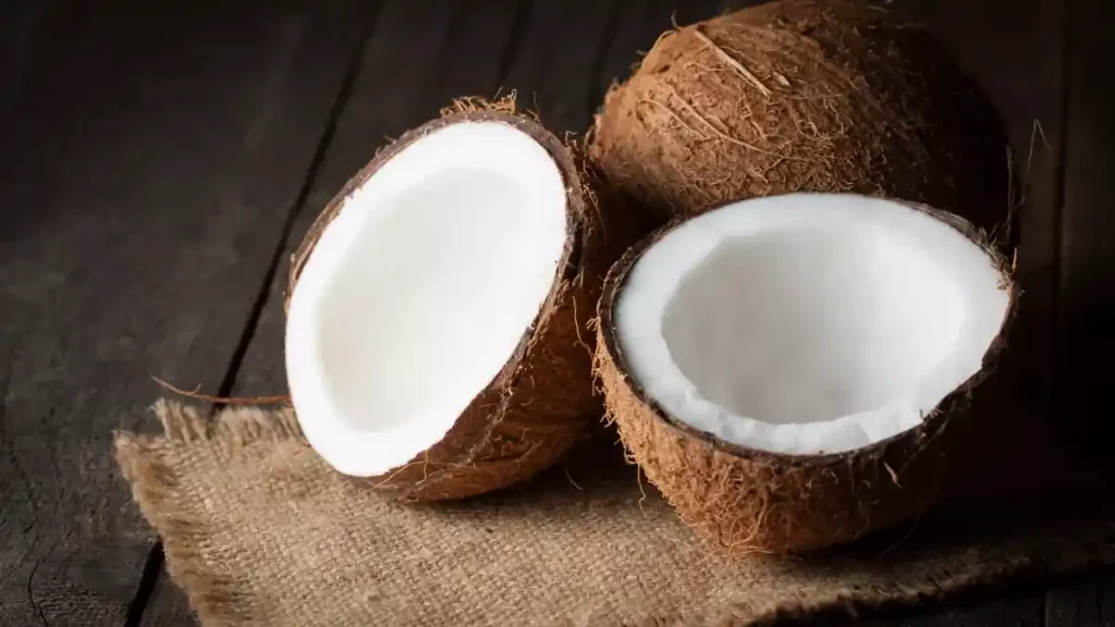 The image shows two halves of a coconut placed on a piece of burlap fabric. The coconuts are brown and hairy on the outside, with a white, fleshy interior. One half is positioned to show the inside, while the other half is placed to show both the inside and the outer shell. This image is interesting and relevant as it highlights the texture and appearance of a coconut, which is a tropical fruit known for its versatile uses in cooking, beverages, and as a source of coconut oil.