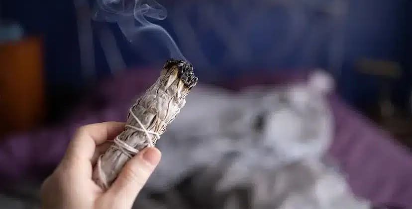 The image shows a hand holding a burning bundle of sage, which is emitting smoke. Another bundle of sage is placed on a ceramic dish or tray. The background includes blurred objects, possibly crystals or stones, suggesting a setting related to spiritual or cleansing practices. This image is interesting and relevant as it depicts the practice of smudging, which is often used for purification, cleansing, or ritualistic purposes. Smudging is a ritual that has been part of many cultures for centuries. Sage, known for its purifying properties, is commonly used in this practice to cleanse spaces, objects, or individuals of negative energy.