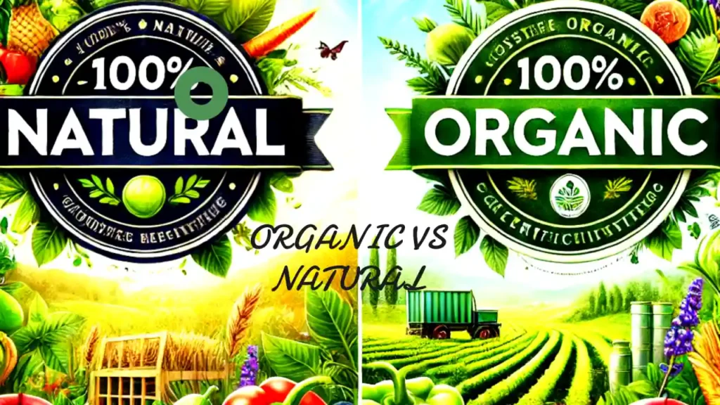 Comparaison entre une étiquette « 100% Naturel » entourée de fruits et légumes, et une étiquette « 100% Bio » sur fond de paysage agricole.