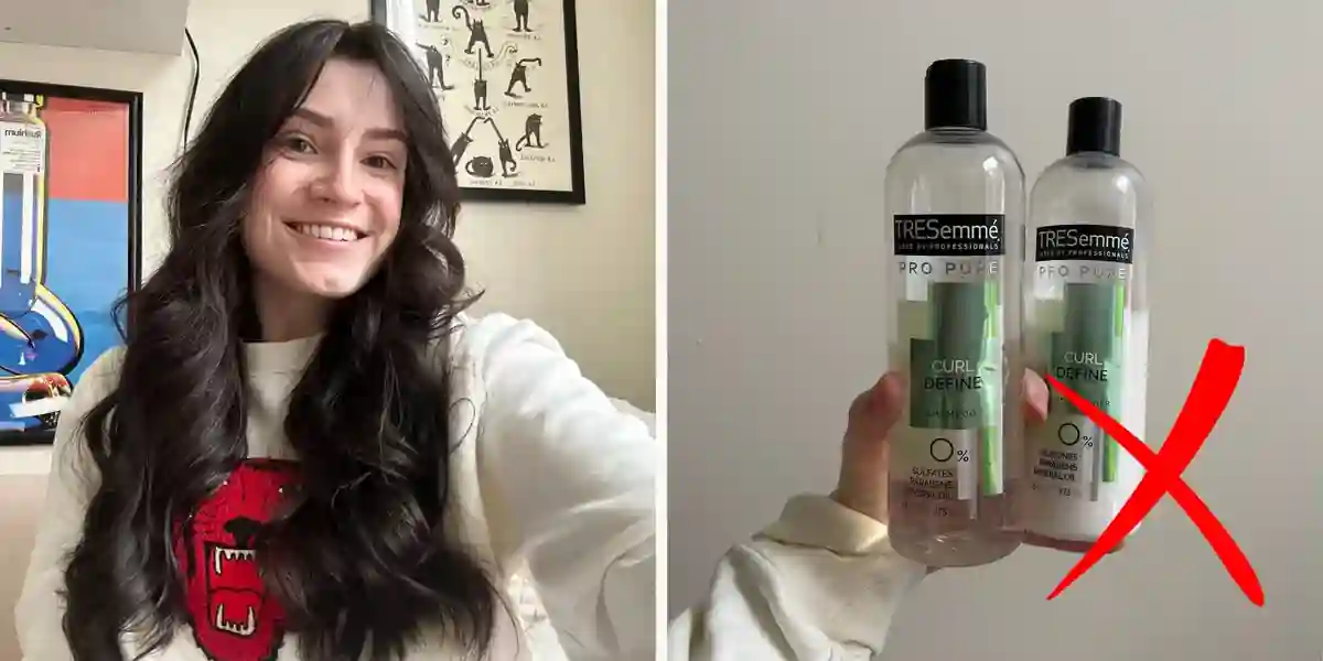 Une personne aux cheveux bouclés et volumineux porte un pull blanc à motif rouge ; à côté, une main tient deux bouteilles de shampoing TRESemmé Curl Define barrées d’un grand "X" rouge.