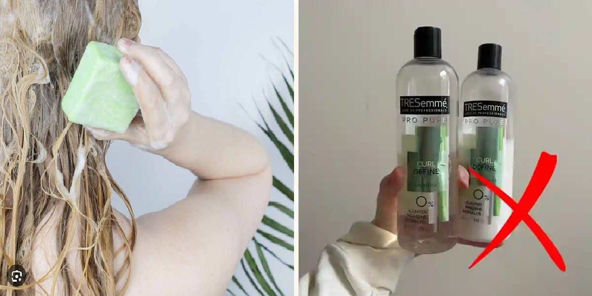Une personne aux cheveux bouclés et volumineux porte un pull blanc à motif rouge ; à côté, une main tient deux bouteilles de shampoing TRESemmé Curl Define barrées d’un grand "X" rouge.