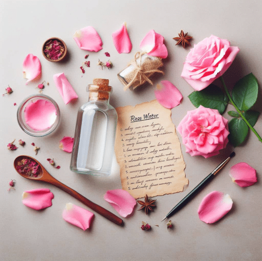 cuillère en bois et pinceau recouvert de pétales de rose