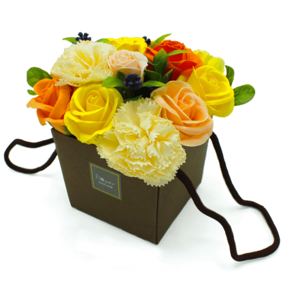 pot marron bouquet de fleurs de bain jaune orange et œillet jaune fleurs de savon
