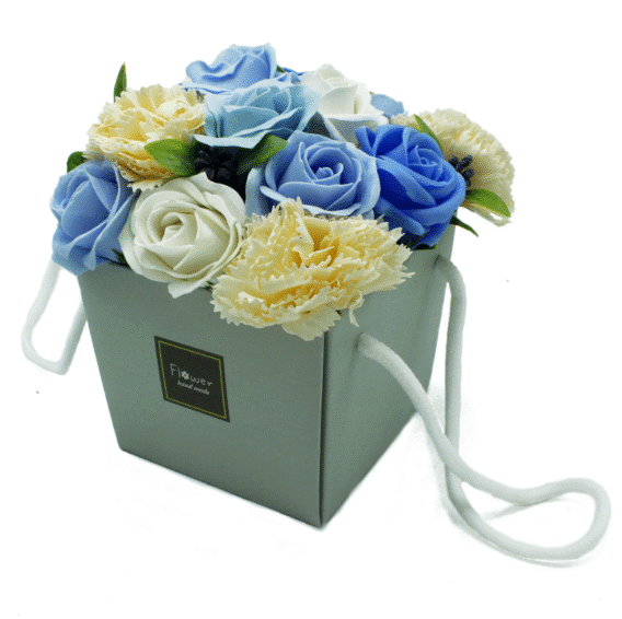 pot bleuté bouquet de fleurs de bain bleue jaune fleurs de savon