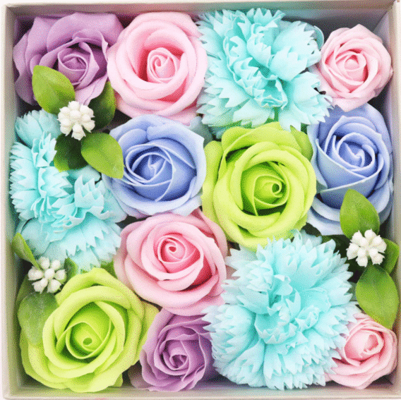 zoom coffret boite carré fleurs de savon multicolore