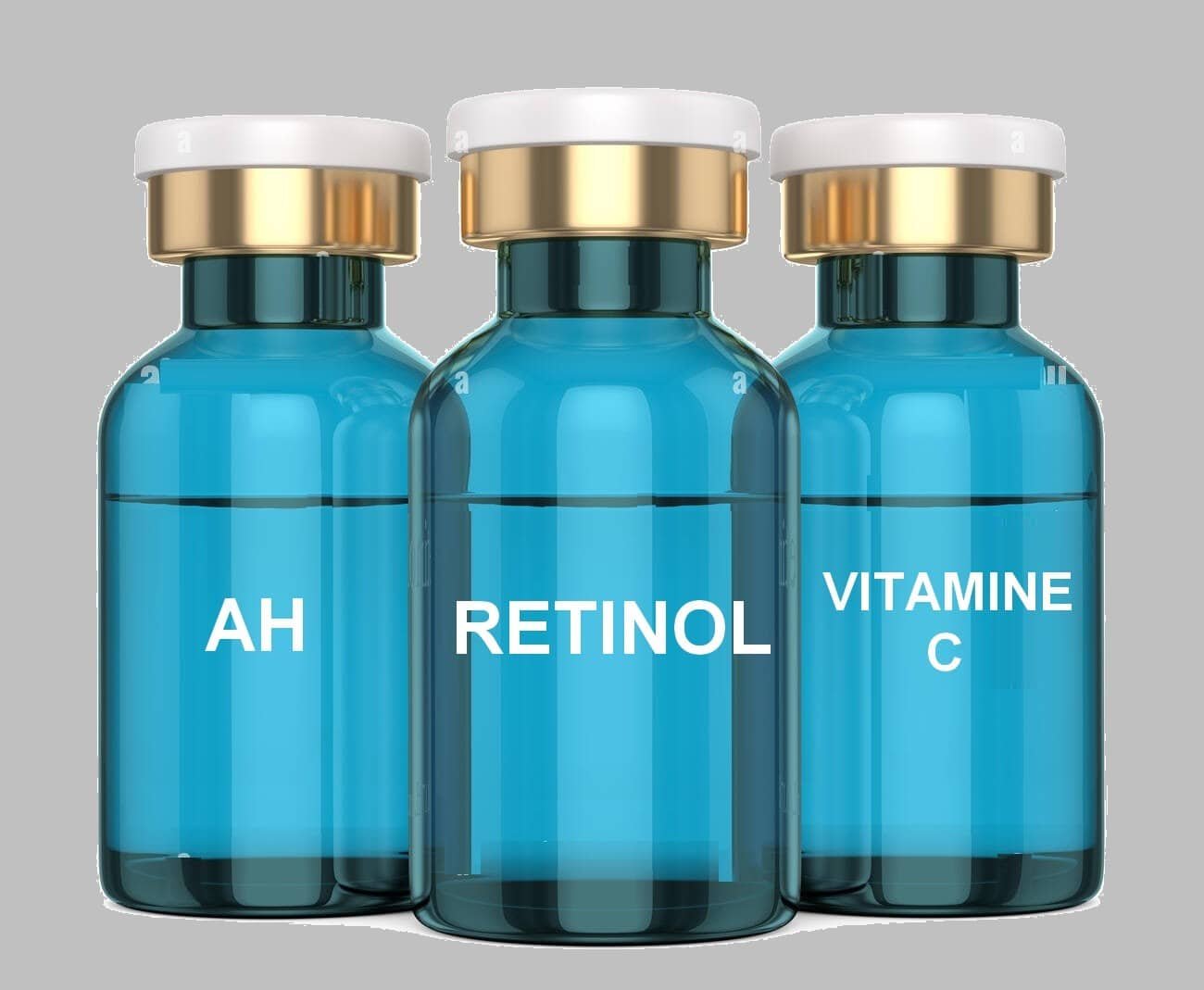 presentation de 3 flacons bleu pour représenter le AH, retinol et vitamine C